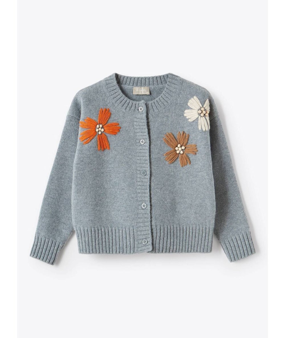 Cardigan in Lana Azzurra con Fiori Ricamati