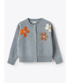 Cardigan in Lana Azzurra con Fiori Ricamati