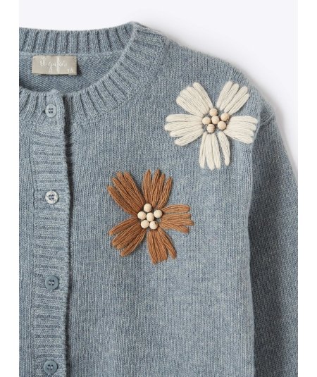 Cardigan in Lana Azzurra con Fiori Ricamati