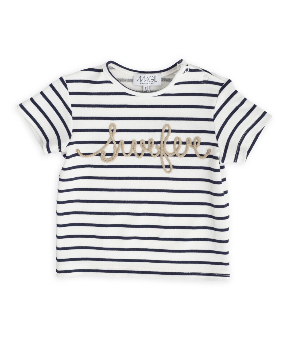 T-shirt Neonato a Righe Blu e Bianco con Scritta