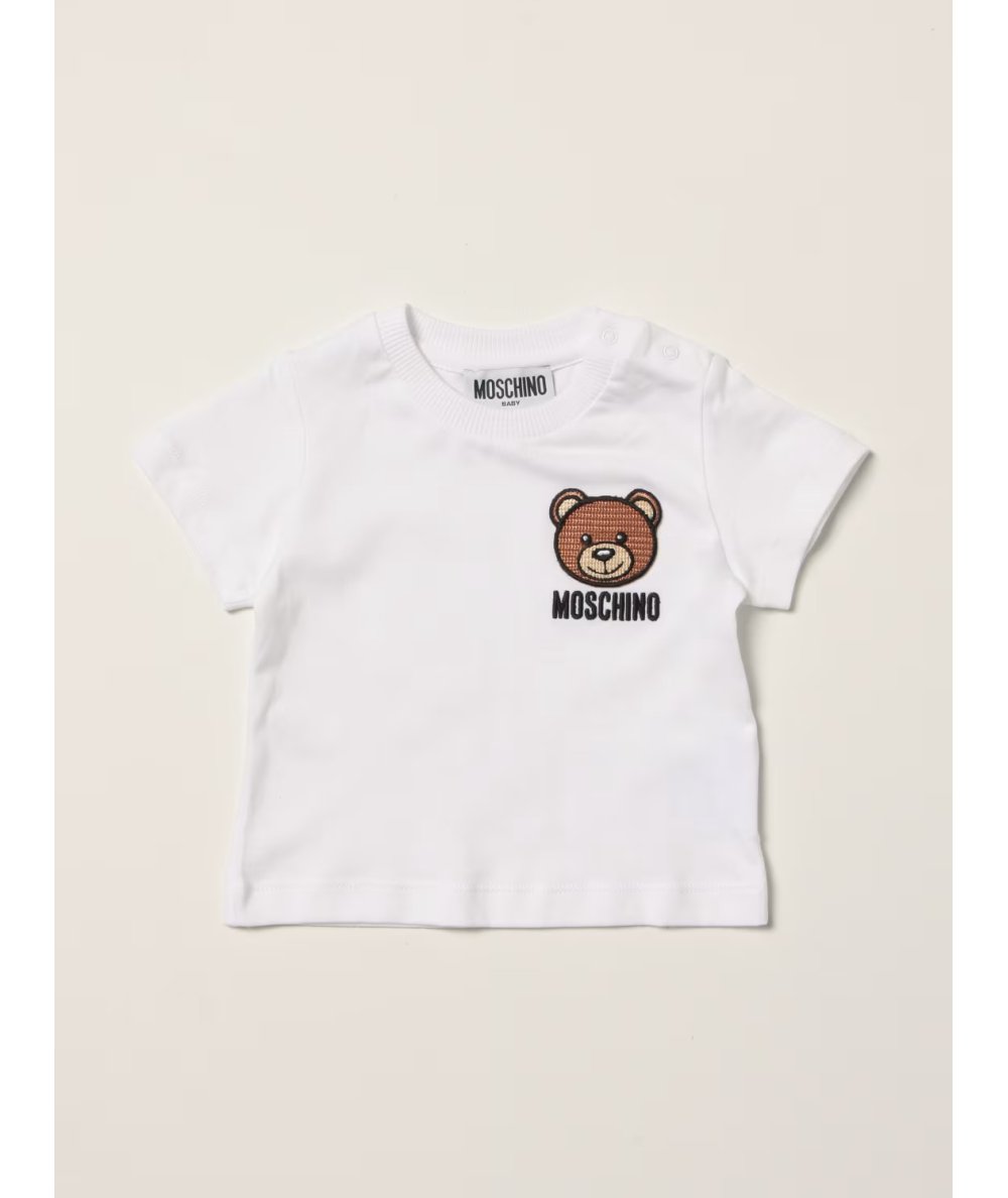 T-Shirt Neonato in Cotone con Stampa Ricamo Teddy Bear