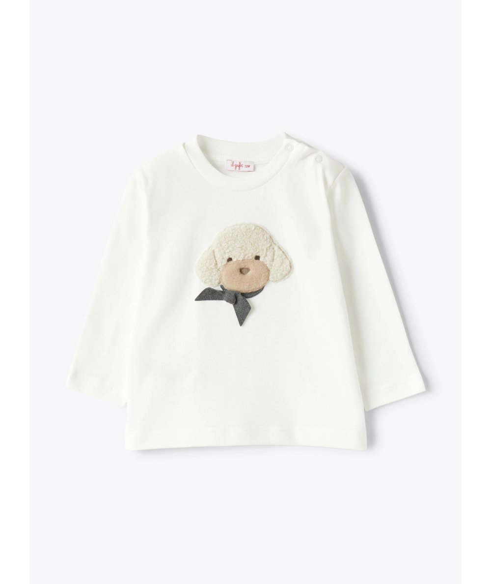 T-shirt Manica Lunga Neonata con Ricamo Barboncino in Teddy