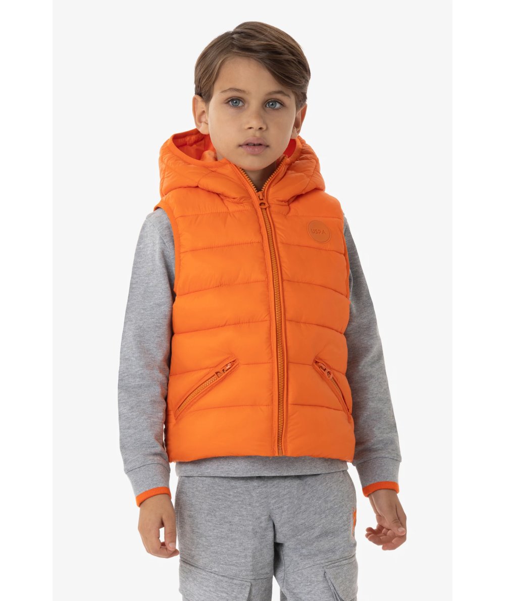 Gilet Smanicato con Cappuccio in Piuma Bambino