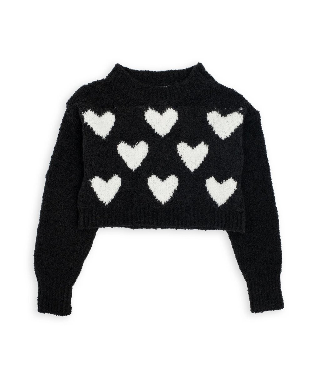 Maglione Girocollo Crop con Ricamo Cuori