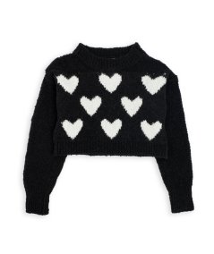 Maglione Girocollo Crop con Ricamo Cuori